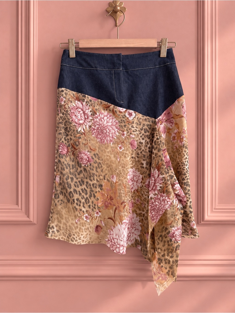 Y2K Denim Floral & Leopard Print Midi Skirt